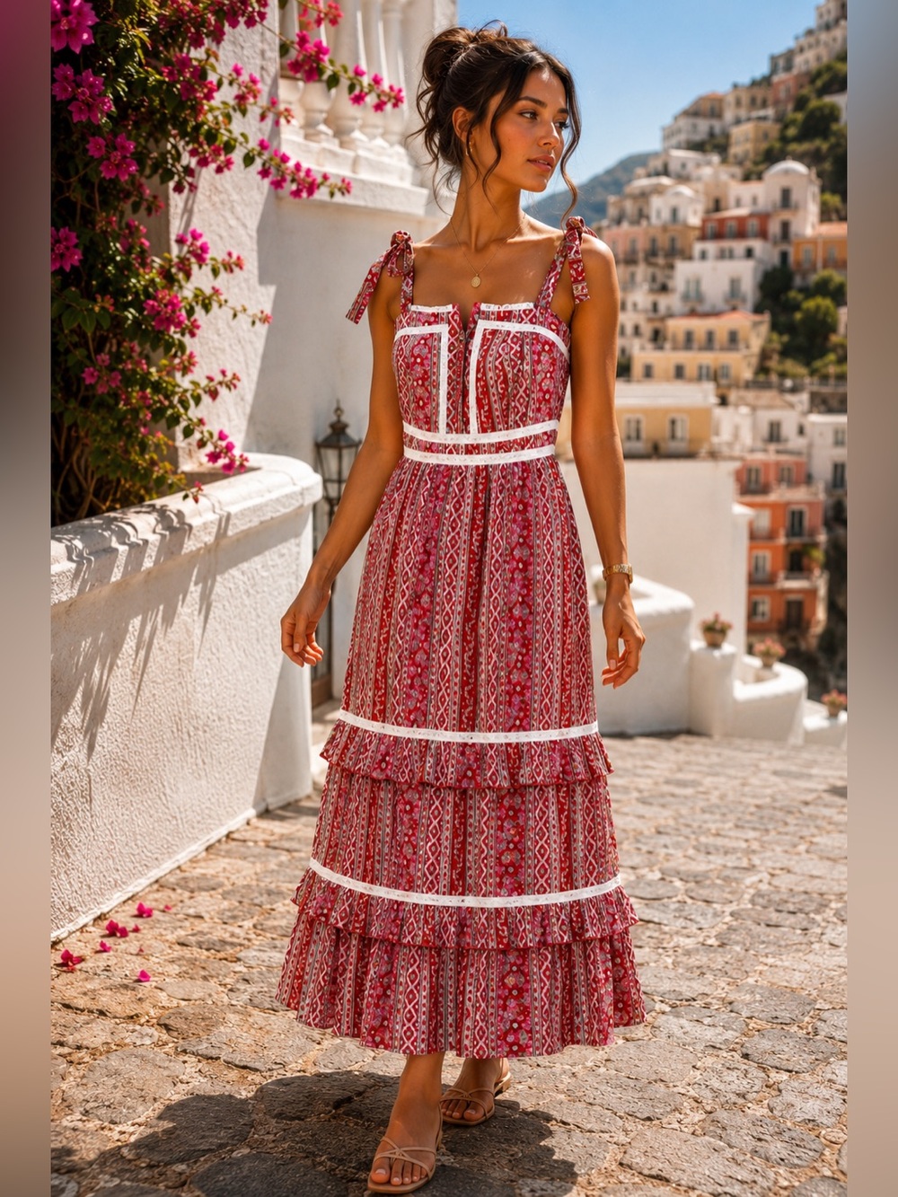 Chakeris Charleston Tiered Maxi Dress Red Pink‎ Tie Strap Boho Romantic Womens M